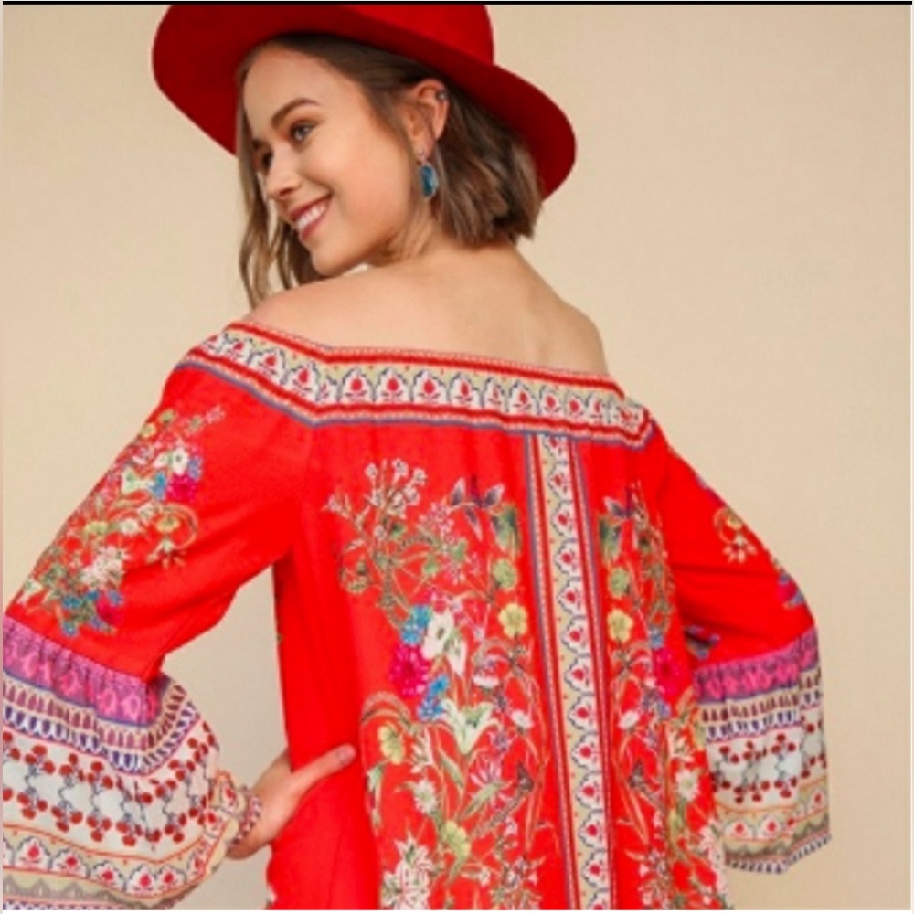 Umgee Plus‎ Dress Floral Bell Sleeve Ruffle Hem Off Shoulder Dress Coral XL Boho
